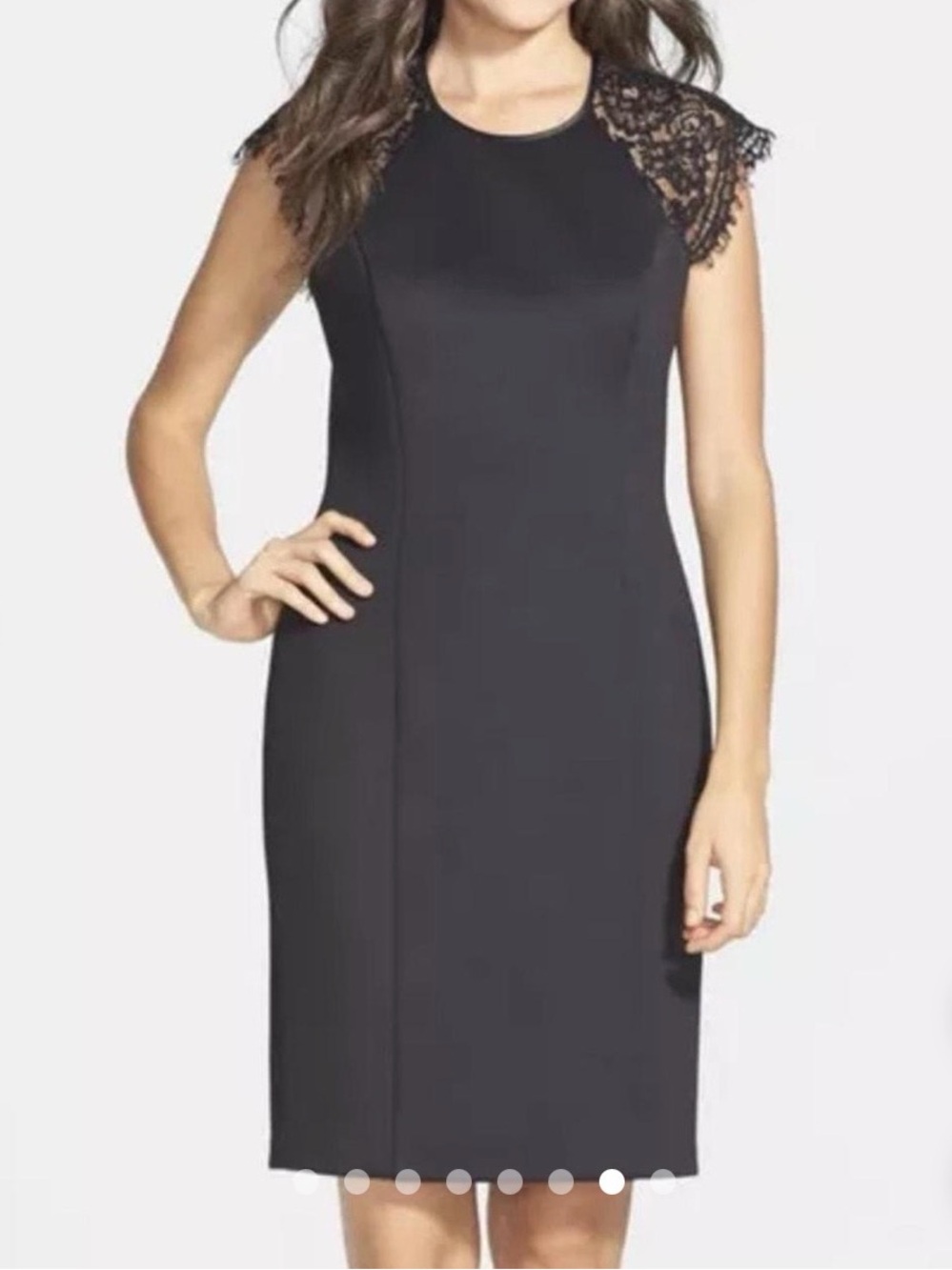 Vince Camuto Black Lace & Scuba Sheath Dress Size 4 Knee Length Cap Sleeve